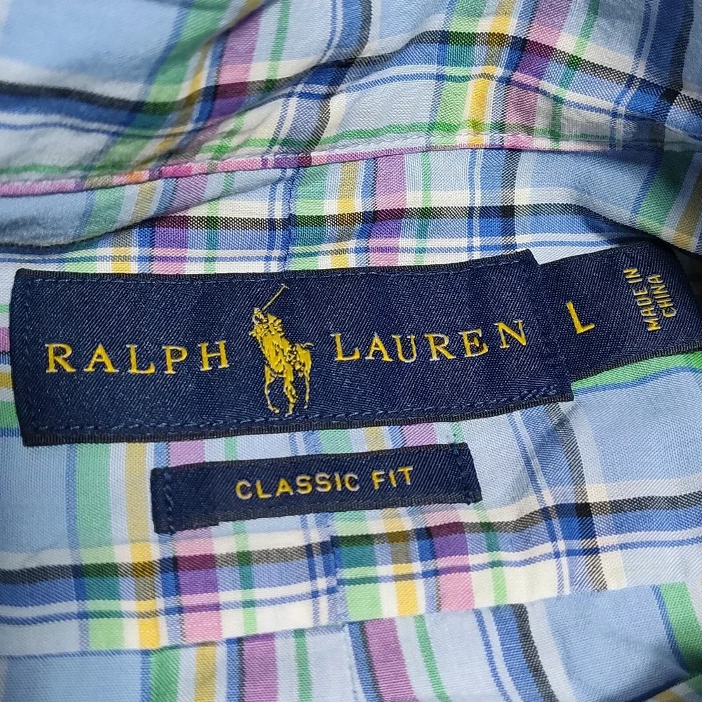 POLO RALPH LAUREN CLASSIC Men Large Blue Multi Plaid Button Long Sleeve Shirt‎